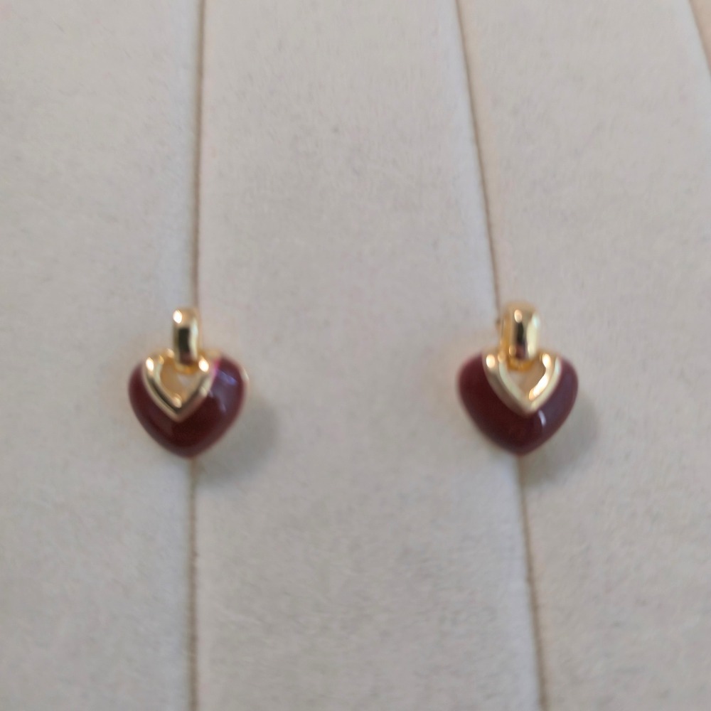Gold Plated Stainless Steel Burgundy Red Enamel Heart Stud Earrings 0013